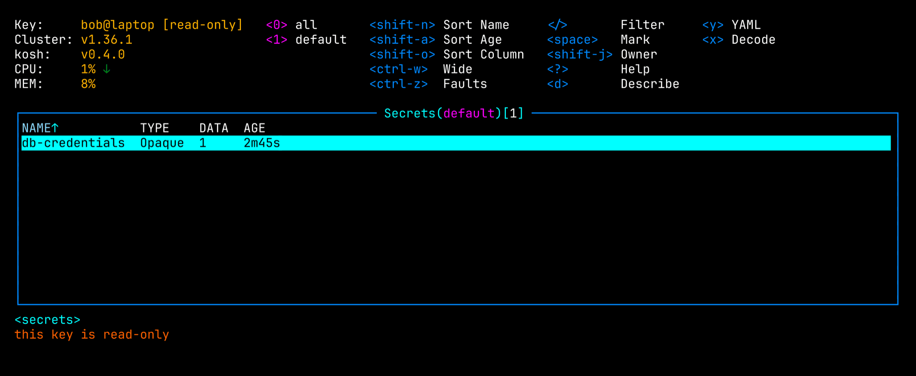 kosh&rsquo;s table of secrets for the read-only key bob@laptop, whose name in the header is followed by read-only in brackets. The table has one secret, db-credentials. Below the table a line in red says: this key is read-only.