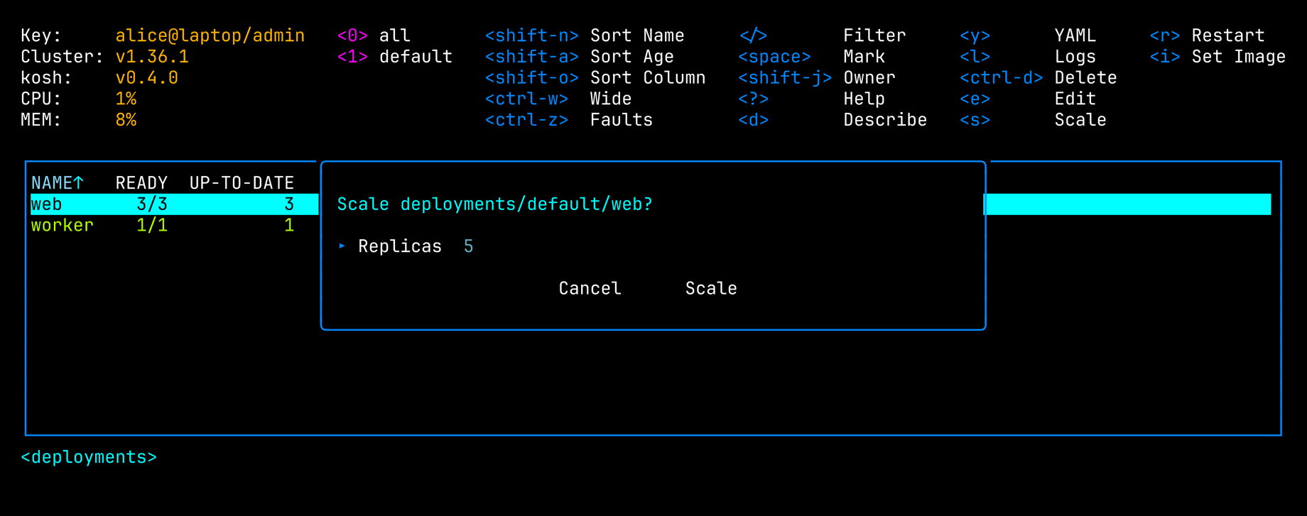 A dialog over kosh&rsquo;s table of deployments that asks: Scale deployments/default/web? It has a field Replicas with the value 5 and the buttons Cancel and Scale.